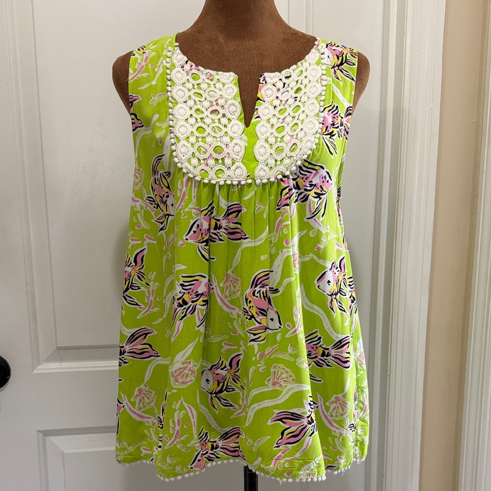 Sleeveless Lime Green Blouse with Pink and YellowTropical Fish and Lace Designs